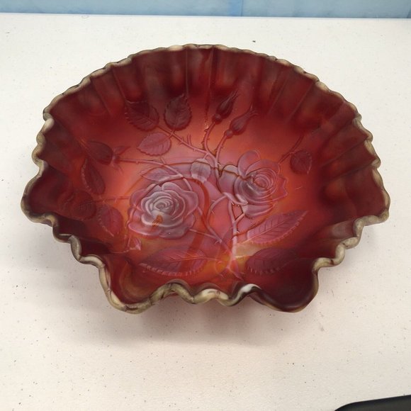 Vintage Red and White Slag Imperial Glass Open Rose Bowl Crimped Edge 9" wide - Picture 2 of 4
